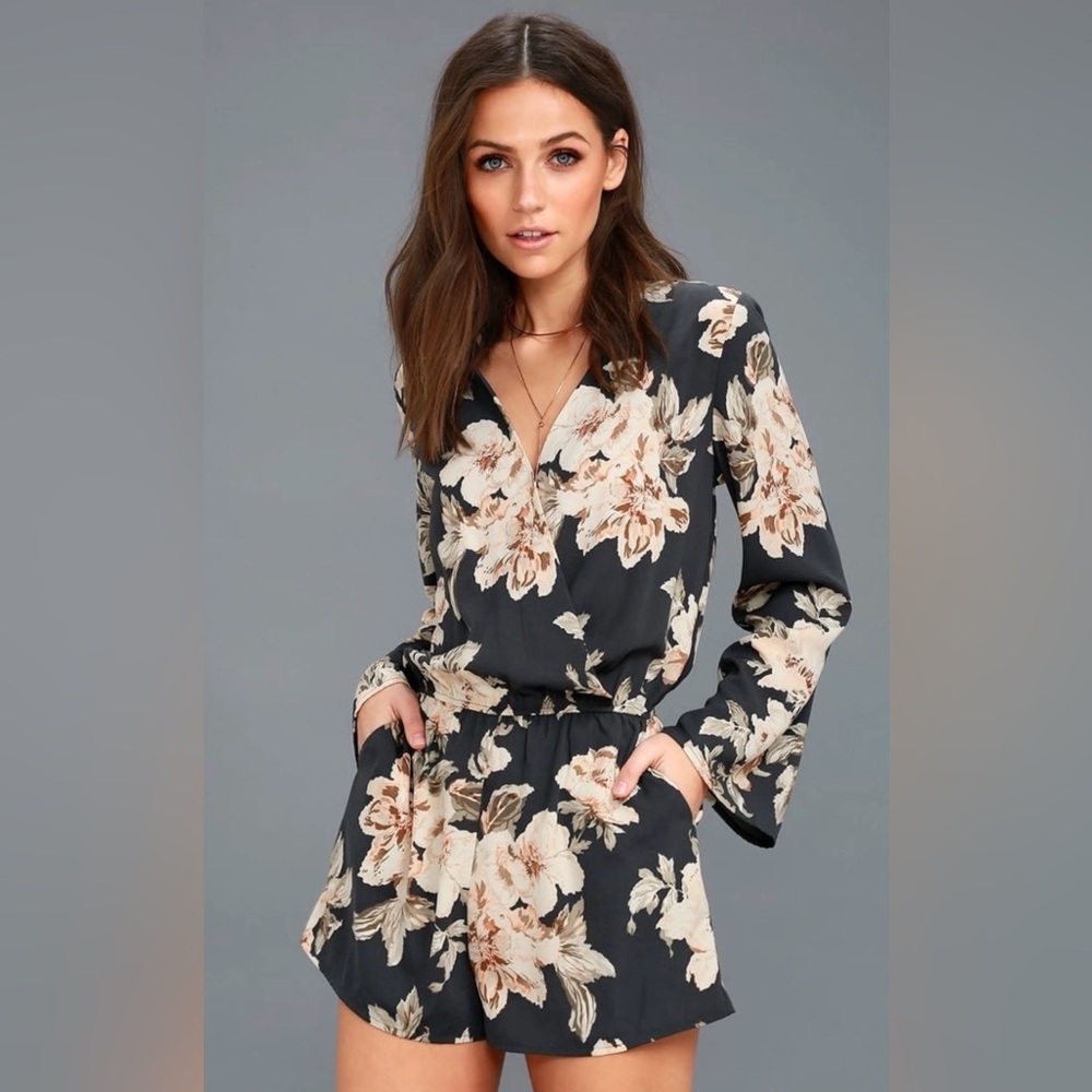 Lulu's Black Floral Long-Sleeve Romper with Cream Blossoms